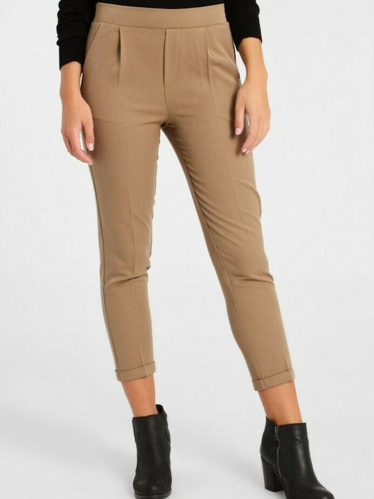 Funky Buddha Women's Cotton Trousers with Elastic in Baggy Line Beige