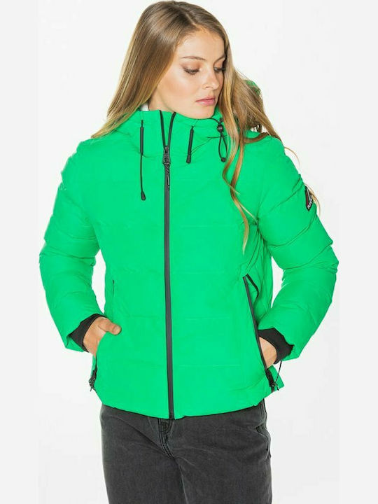 Superdry Spirit Sports Women's Short Puffer Jacket for Winter with Hood Green