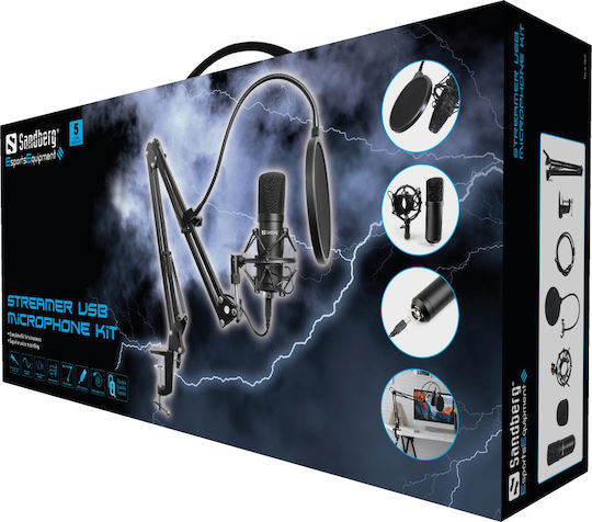 Sandberg Streamer USB Microphone Kit Σετ Πυκνωτικό Μικρόφωνο USB Shock Mounted για Studio