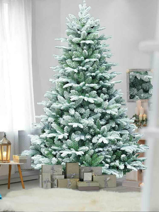 Flocked Plastic Snowy Christmas Green Tree with Metallic Base and Built in Branches H210cm