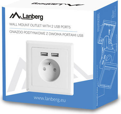 Lanberg Единичен Мортис Πρίζα Ρεύματος с 2 USB Порта Бяла 1бр