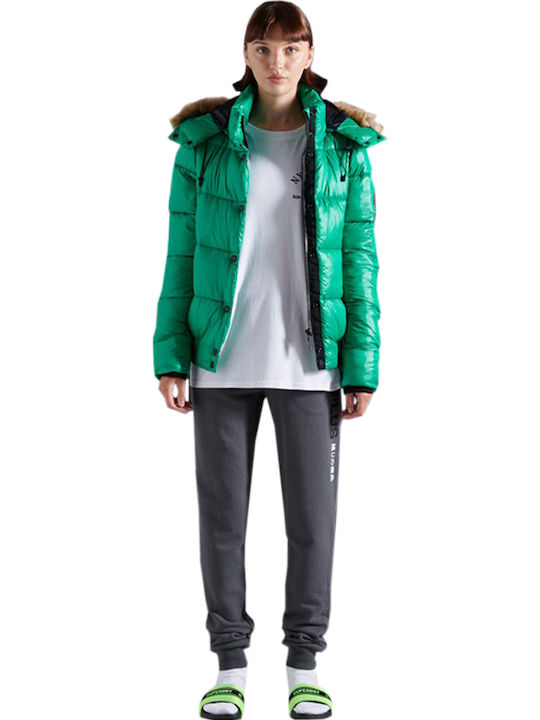 High Shine Toya Κοντό Γυναικείο Puffer Μπουφάν με Γούνινη Κουκούλα για Χειμώνα Πράσινο