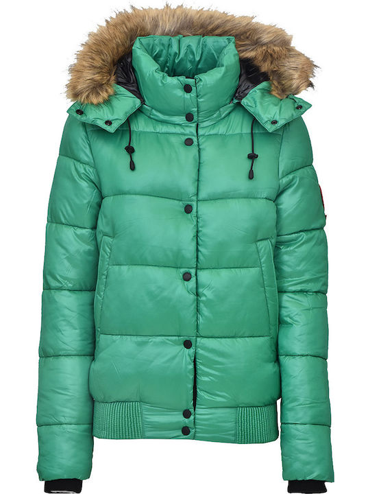 High Shine Toya Κοντό Γυναικείο Puffer Μπουφάν με Γούνινη Κουκούλα για Χειμώνα Πράσινο