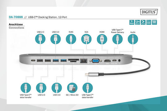 Digitus USB-C Docking Station with HDMI 4K PD Ethernet and Support for 2 Monitors Black (DA-70888)