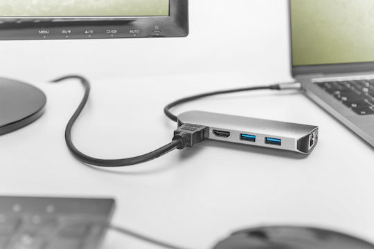 Digitus USB-C Docking Station mit HDMI 4K PD Ethernet und Verbindung 2 Monitore Silber (DA-70884)