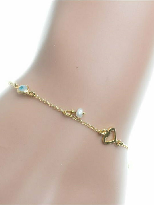 Distinctive gold plated silver bracelet with heart eye and pearl