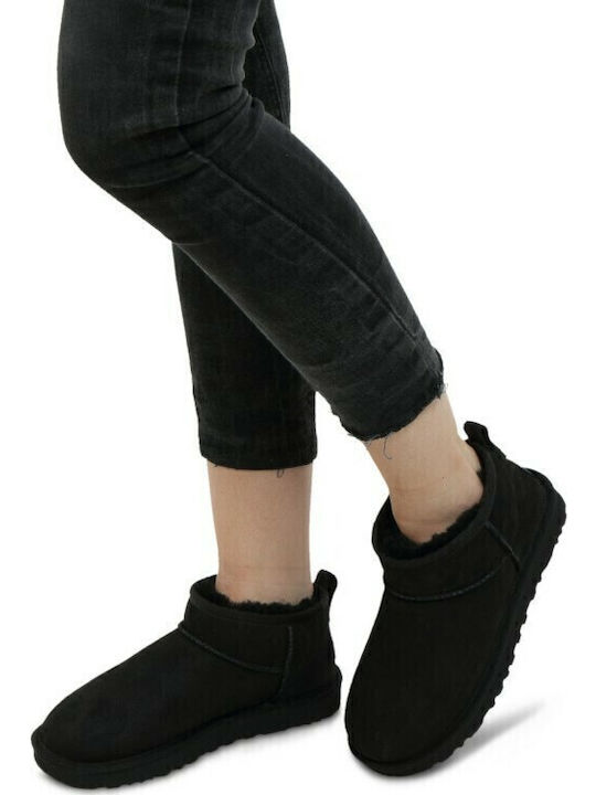 Classic Ultra Mini Suede Women's Ankle Boots with Fur Black