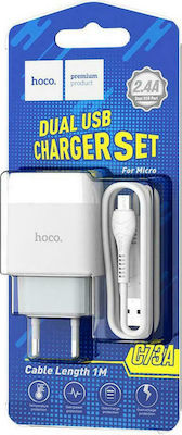 Hoco Φορτιστής με 2 Θύρες USB-A και Καλώδιο micro USB Λευκός (C73A Glorious)