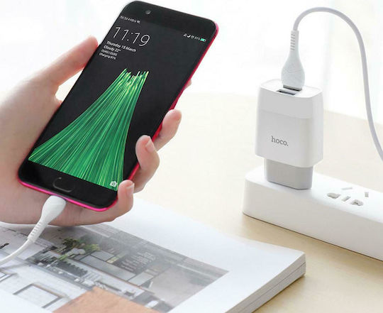 Hoco Φορτιστής με 2 Θύρες USB-A και Καλώδιο micro USB Λευκός (C73A Glorious)