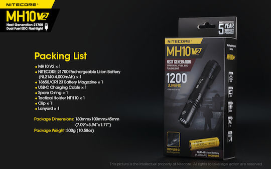 NiteCore Επαναφορτιζόμενος Φακός LED IP68 με Μέγιστη Φωτεινότητα 1200lm MH10V2