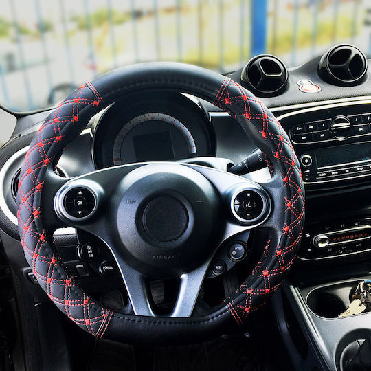 Feral Husă Volan Auto Sport Driving D-Shape Medium cu Diametru 38cm din Piele ecologică Negru cu Cusătură Roșie