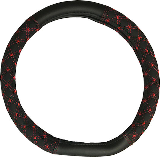 Feral Husă Volan Auto Sport Driving D-Shape Medium cu Diametru 38cm din Piele ecologică Negru cu Cusătură Roșie