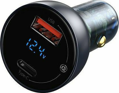 Baseus Auto-Ladegerät 65W 5A Schnellladung mit Anschlüssen: 1xUSB 1xType-C Gray Farbe