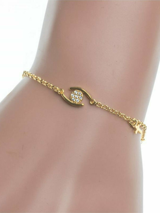 Gold plated silver bracelet with eye and cubic zirconia stones with cross