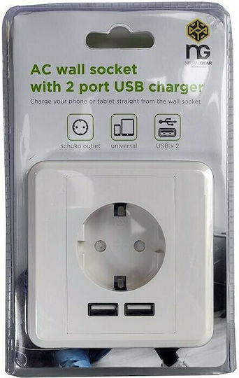 NG Acus Μονή Χωνευτή Πρίζα Ρεύματος με 2 Θύρες USB Λευκή
