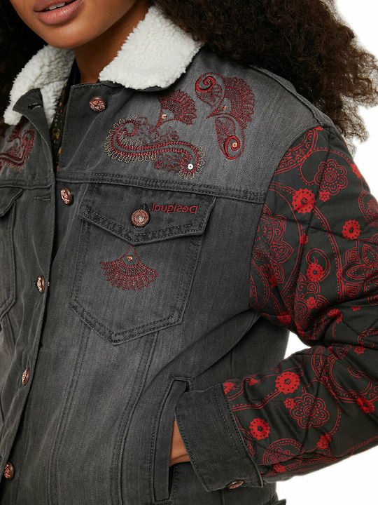 Quilt Bimaterial Kurz Damen Jeansjacke Schwarz