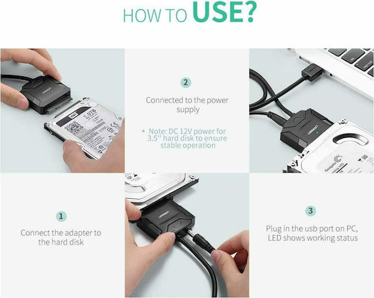 Ugreen 20611 Адаптер SATA към USB 3.0 5Gbps за Трансфер на Данни HDD SSD Черен