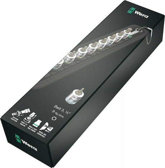 Wera Set Sockets 1/4" Belt A 3 Torx HF Zyklop Walnut with Torx Head and Socket 1/4'' T10 / T15 / T20 / T25 / T27 / T30 / T40 / T8 / T9 9pcs