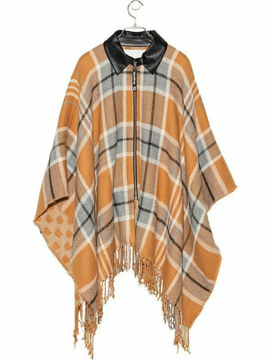 Checks Women's Poncho with Zipper Orange