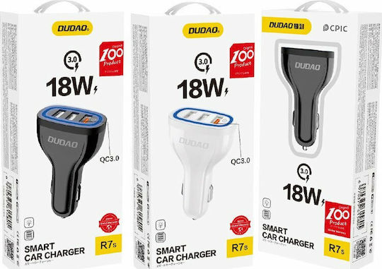 Dudao R7S Auto-Ladegerät 18W 2.4A Schnellladung mit Anschlüssen: 3xUSB Weiß Farbe