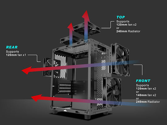 Powertech PT-839 Геймърско бюро Midi Tower Компютърна кутия със страничен прозорец Черен