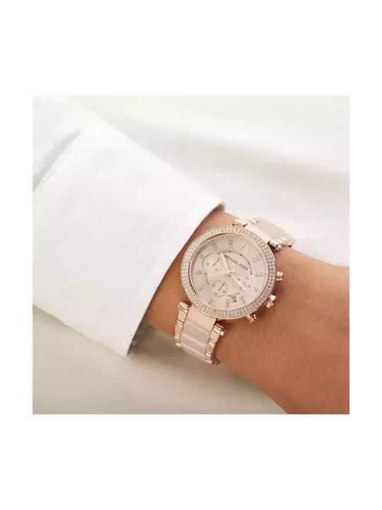 Michael Kors Parker Crystals Chrono Ρολόι Χρονογράφος με Ροζ Χρυσό Κεραμικό Μπρασελέ