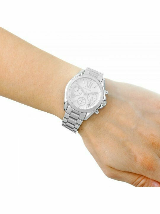 Michael Kors Bradshaw Γυναικείο Ρολόι 34mm Χρονογράφος Μπαταρίας με Ασημί Μεταλλικό Μπρασελέ