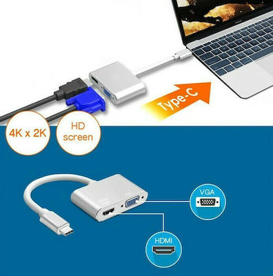 Powertech Convertor USB-C masculin în HDMI / VGA feminin Argint (PTH-041)