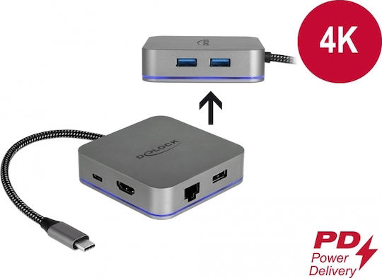 DeLock USB-C Docking Station με HDMI 4K PD Ethernet Γκρι (87742)