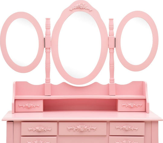 Bodenstehende Schminktisch Schlafzimmer Holz Rosa mit Spiegel & Hocker 90x40x146cm