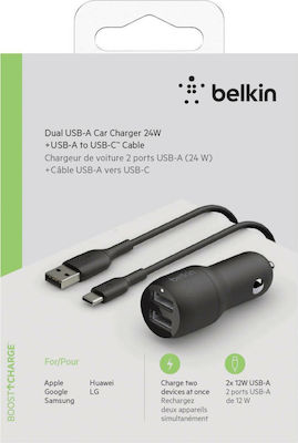 Belkin Φορτιστής Αυτοκινήτου Μαύρος 2.4A με Θύρες: 2xUSB μαζί με Καλώδιο type-C