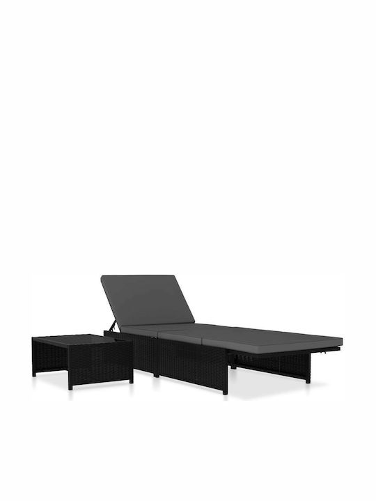 Deckchair Rattan with Cushion Black with Table 2pcs 190x65x69cm.