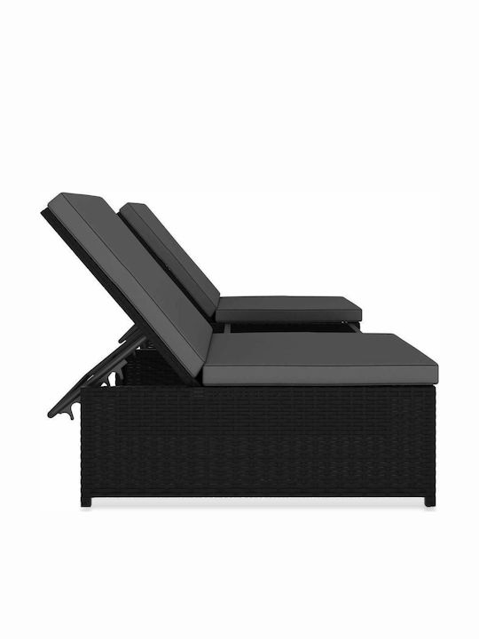 Deckchair Rattan with Cushion Black with Table 2pcs 190x65x69cm.