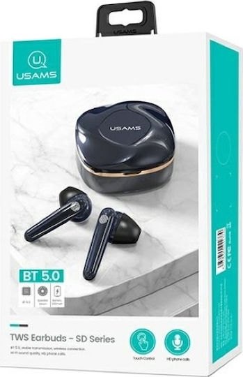Usams BHUSD02 Earbud Bluetooth Handsfree Ακουστικά με Θήκη Φόρτισης Μπλε
