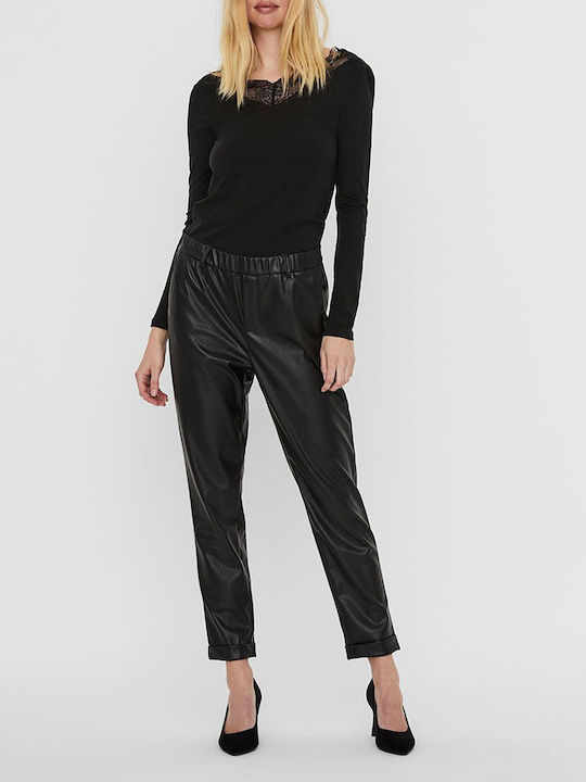 Maya Damen Hoch tailliert Stoff Hose mit Gummizug in Lockere Passform Schwarz
