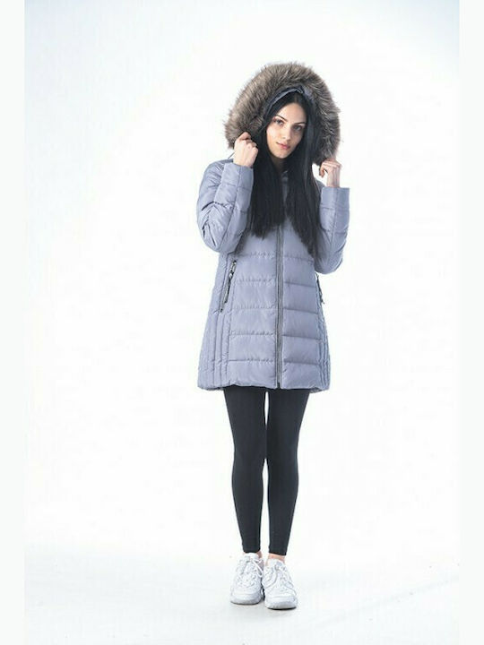 204603 Lang Damen Puffer Jacke mit pelziger Kapuze für Winter Gray