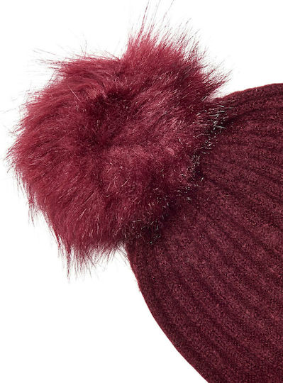 Angie Pom Pom Beanie Γυναικείος Σκούφος με Rib Πλέξη σε Μπορντό χρώμα