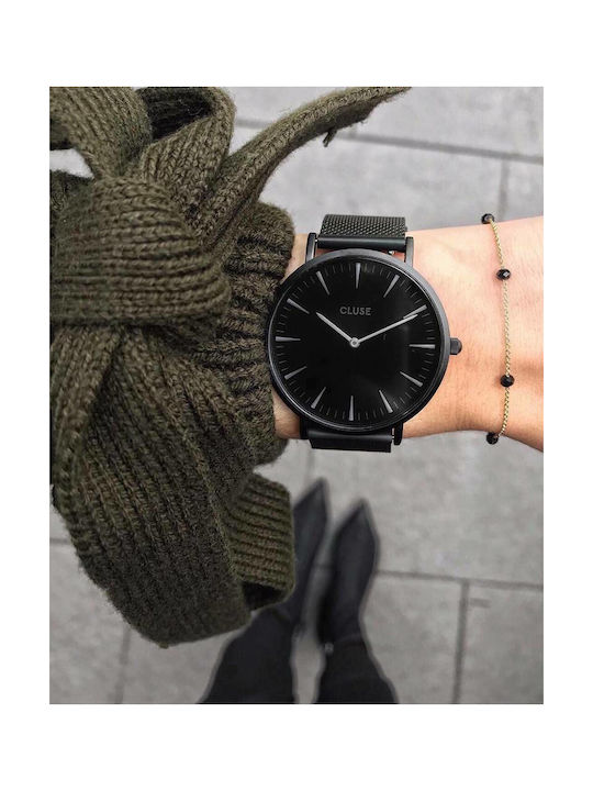 Cluse Minuit Mesh Watch with Black Metal Bracelet