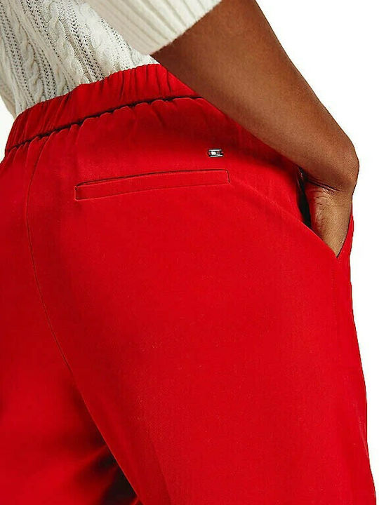 Ankle Women's Fabric Trousers with Elastic Regular Fit Red