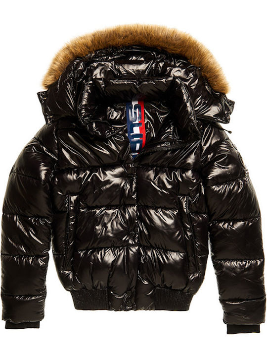 High Shine Toya Κοντό Γυναικείο Puffer Μπουφάν με Γούνινη Κουκούλα για Χειμώνα Μαύρο