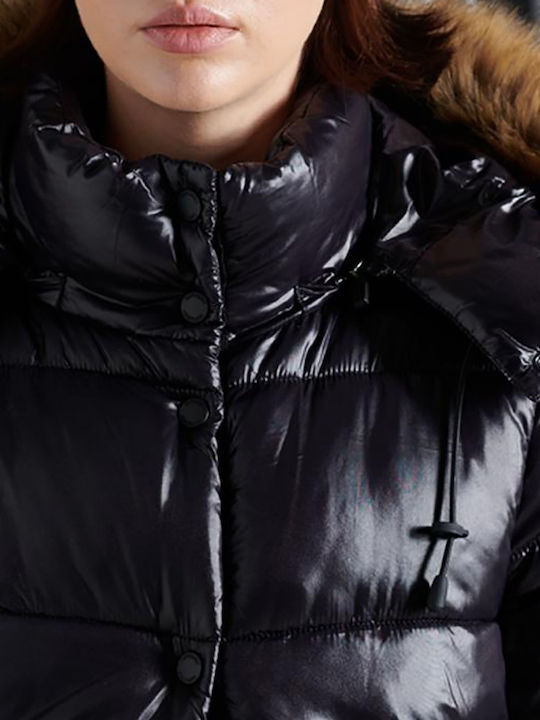 High Shine Toya Κοντό Γυναικείο Puffer Μπουφάν με Γούνινη Κουκούλα για Χειμώνα Μαύρο