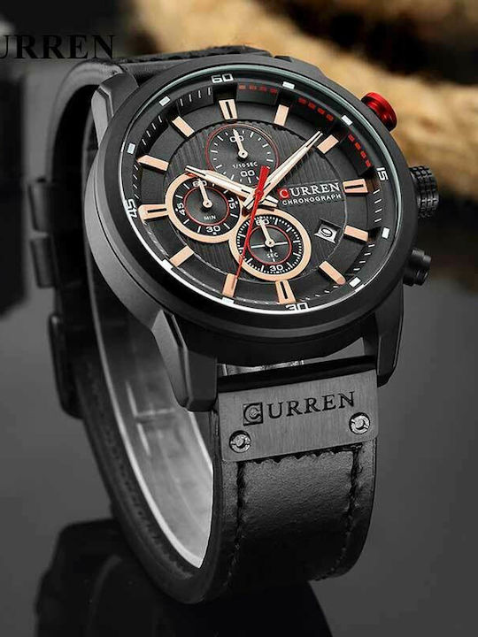 Curren Ανδρικό Ρολόι 43mm Χρονογράφος Μπαταρίας με Μαύρο Δερμάτινο Λουράκι