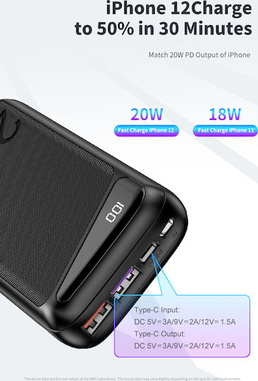 Awei P104K Power Bank 20000mAh 22.5W with 2 USB-A Ports and USB-C Port Power Delivery Black