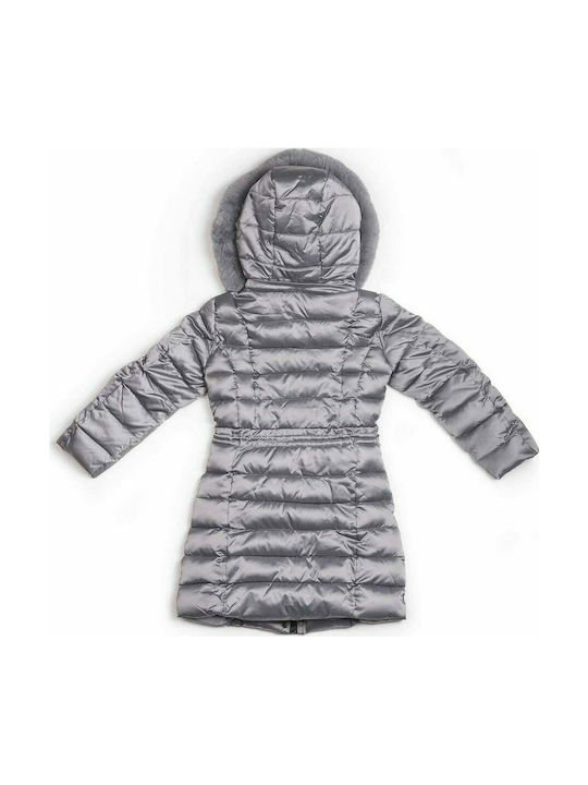 Girl's jacket in grey shiny color with pockets on the front,ruffle detail on the waist,fur hood by Coconudina