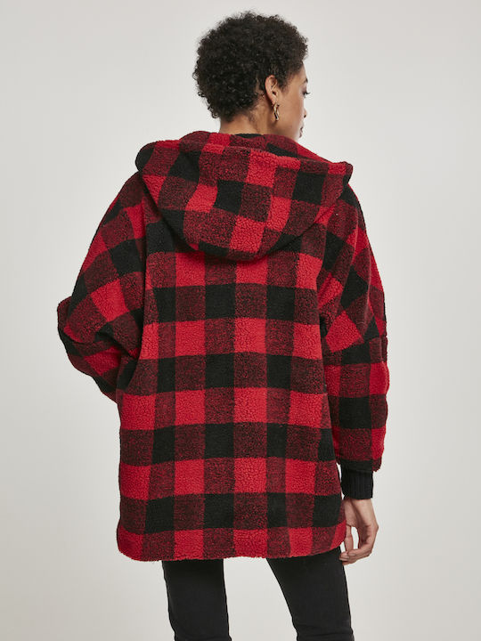 Sherpa Γυναικείο Καρό Κόκκινο Παλτό Oversized με κουκούλα