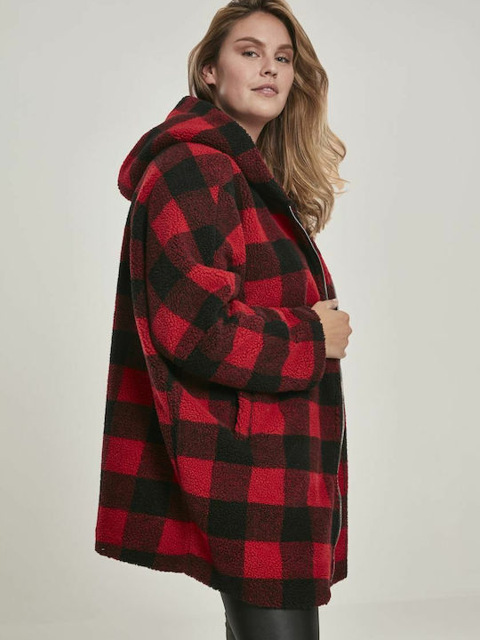 Sherpa Γυναικείο Καρό Κόκκινο Παλτό Oversized με κουκούλα