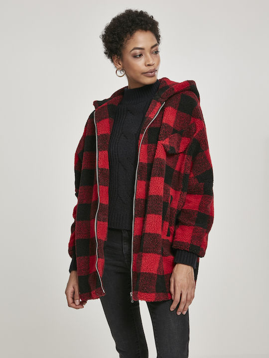 Sherpa Γυναικείο Καρό Κόκκινο Παλτό Oversized με κουκούλα