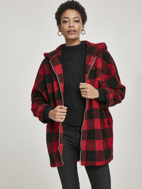 Sherpa Γυναικείο Καρό Κόκκινο Παλτό Oversized με κουκούλα