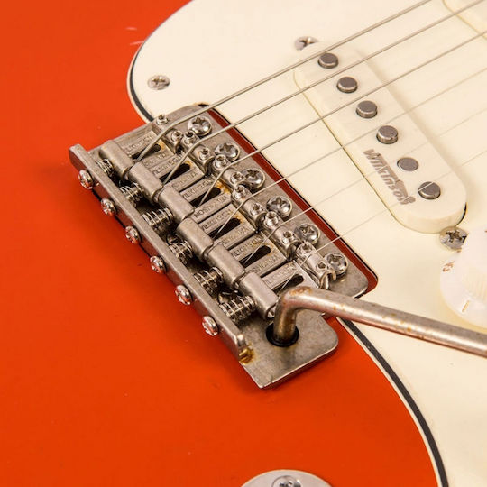 Vintage V6 Icon Electric Guitar Stratocaster with SSS Pickup Configuration Distressed Firenza Red