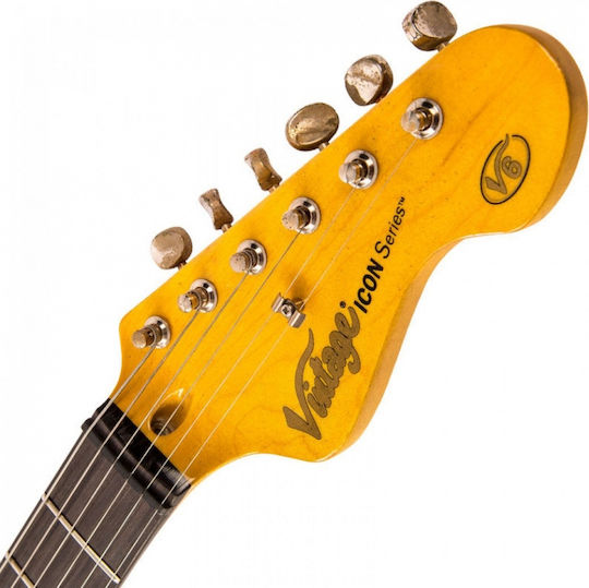 Vintage V6 Icon Electric Guitar Stratocaster with SSS Pickup Configuration Distressed Firenza Red
